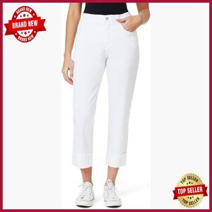 High Rise Straight Leg Jeans with Roll Cuff Ankle, Cotton Blend Stretch